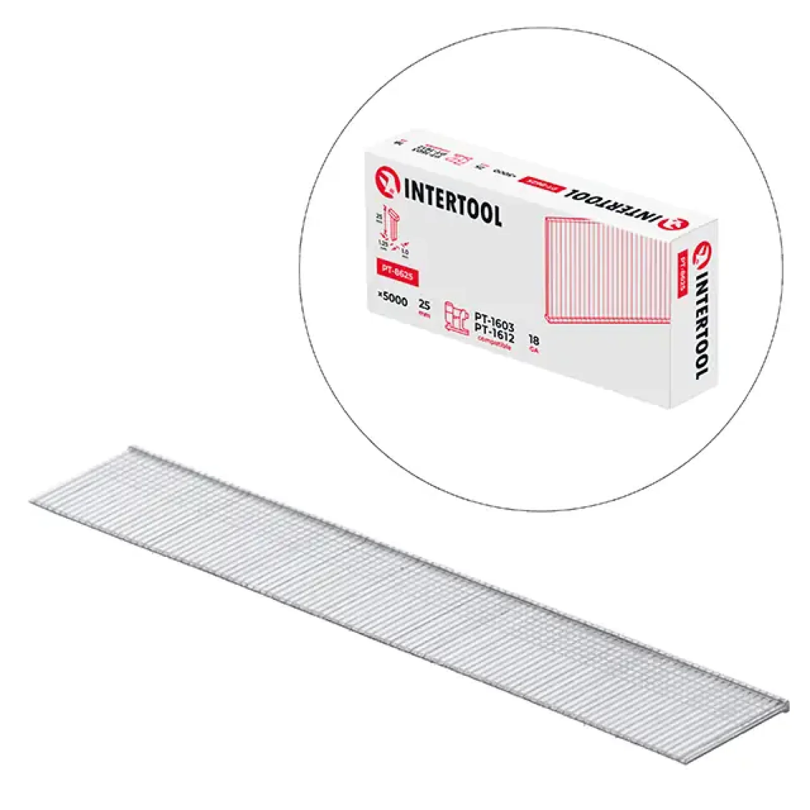 Цвях для степлера PT-1603, PT-1612, 25 мм, 18GA, 1,0×1,25 мм, 5000 од/упак INTERTOOL (PT-8625) UA
