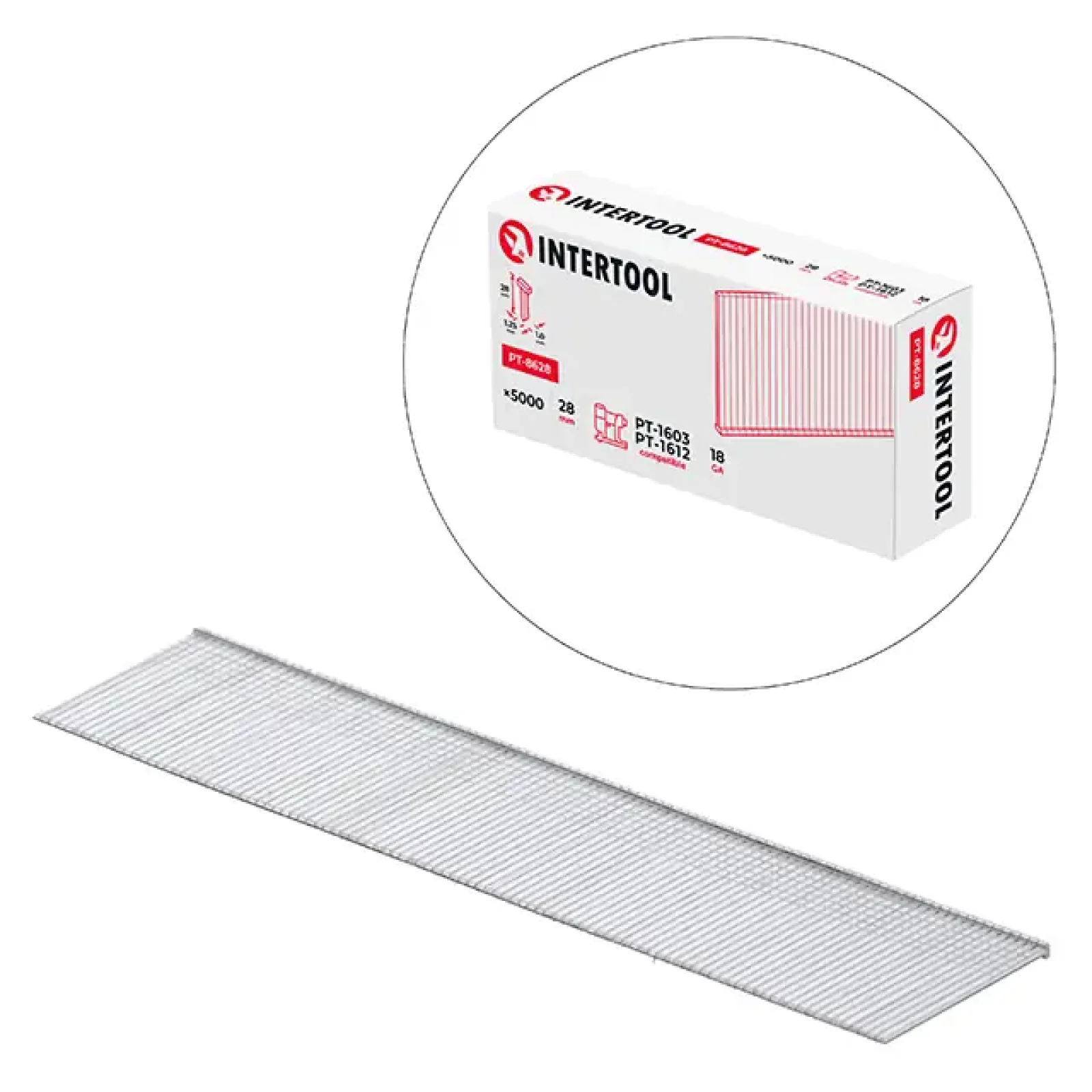 Цвях для степлера PT-1603, PT-1612, 28 мм, 18GA, 1,0×1,25 мм, 5000 од/упак INTERTOOL (PT-8628) UA