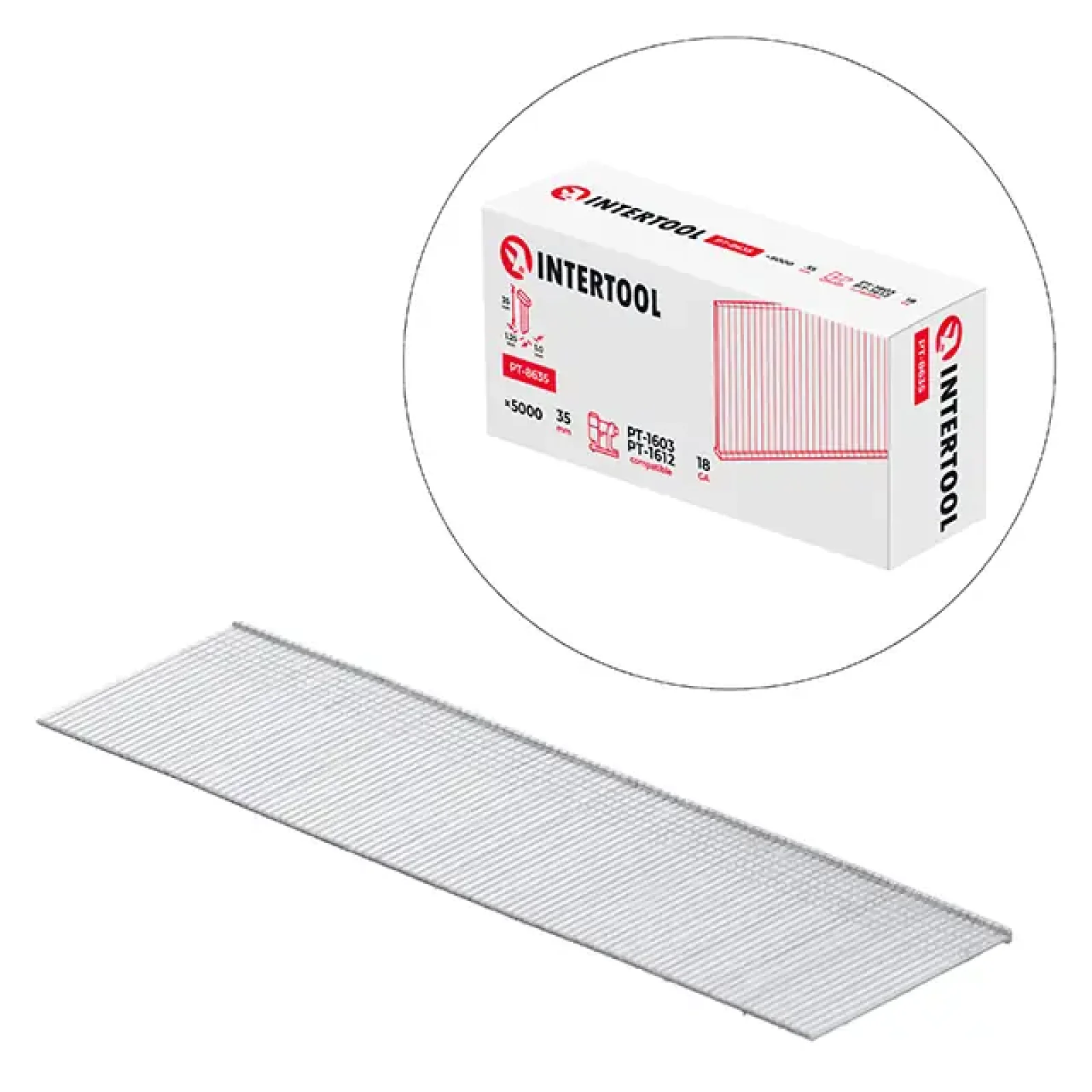 Цвях для степлера PT-1603, PT-1612, 35 мм, 18GA, 1,0×1,25 мм, 5000 од/упак INTERTOOL (PT-8635) UA