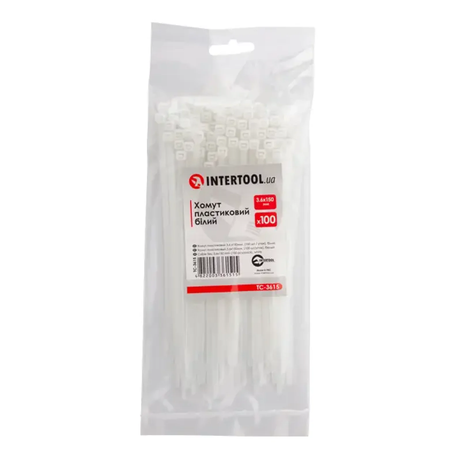 Хомут пластиковий, 3,6×150 мм, 100 шт/упак, білий INTERTOOL (TC-3615) UA