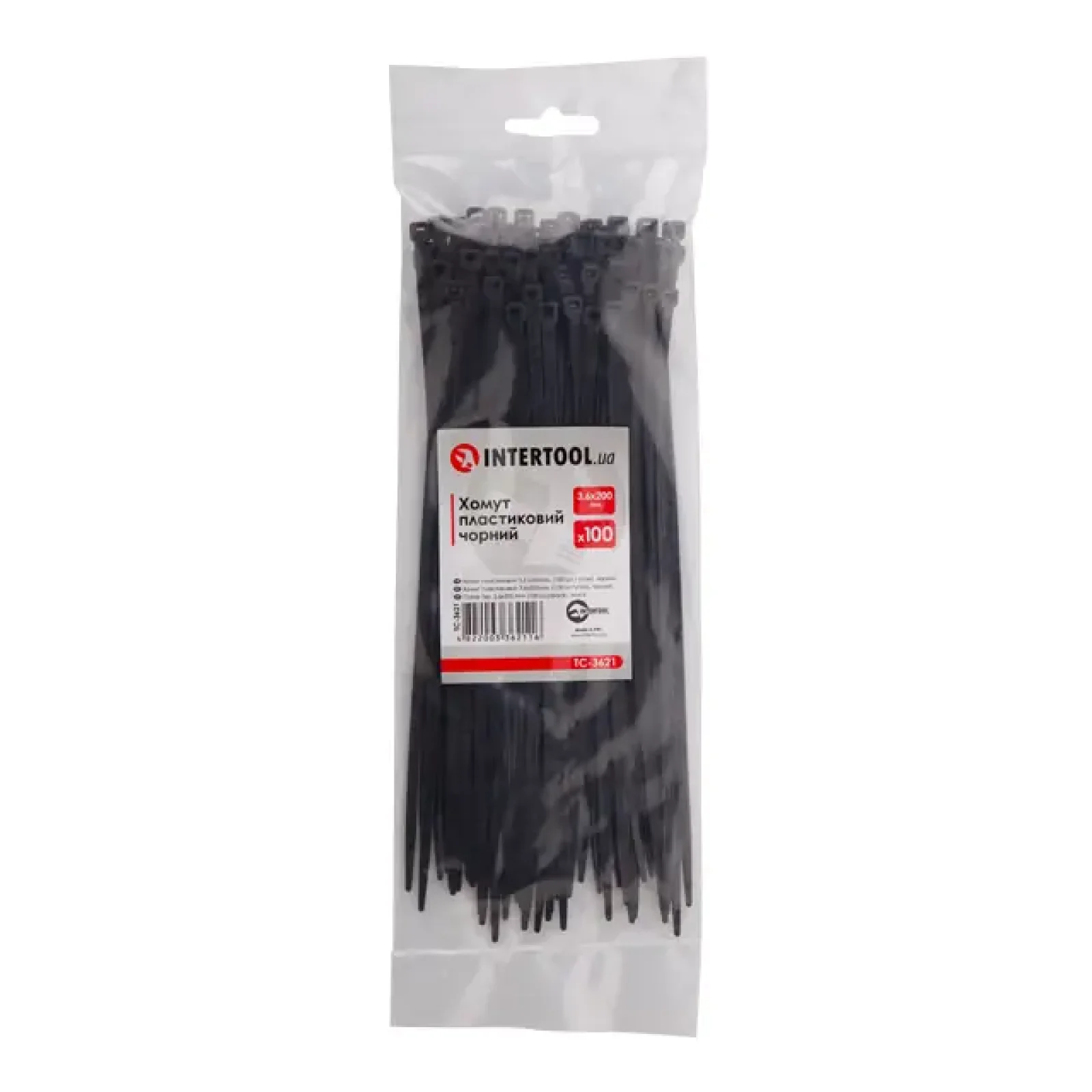 Хомут пластиковий, 3,6×200 мм, 100 шт/упак, чорний INTERTOOL (TC-3621) UA