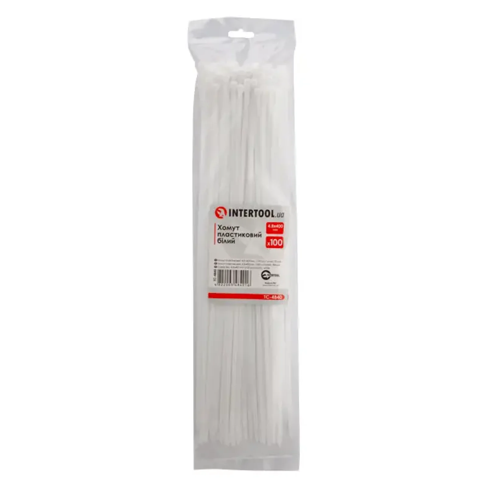 Хомут пластиковий, 4,8×400 мм, 100 шт/упак, білий INTERTOOL (TC-4840) UA