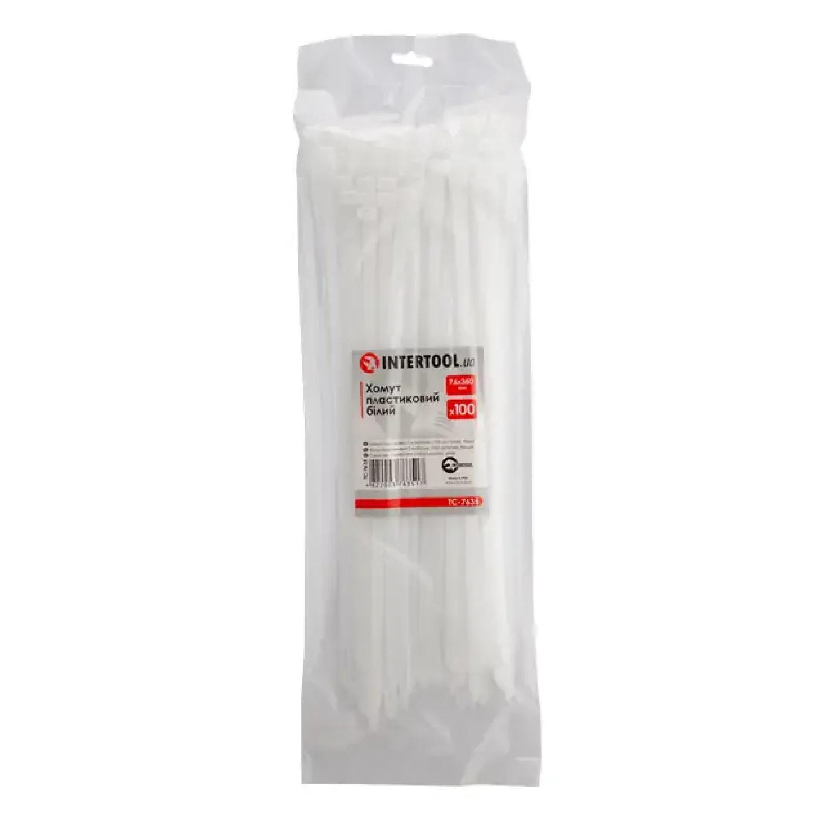 Хомут пластиковий, 7,6×350 мм, 100 шт/упак, білий INTERTOOL (TC-7635) UA