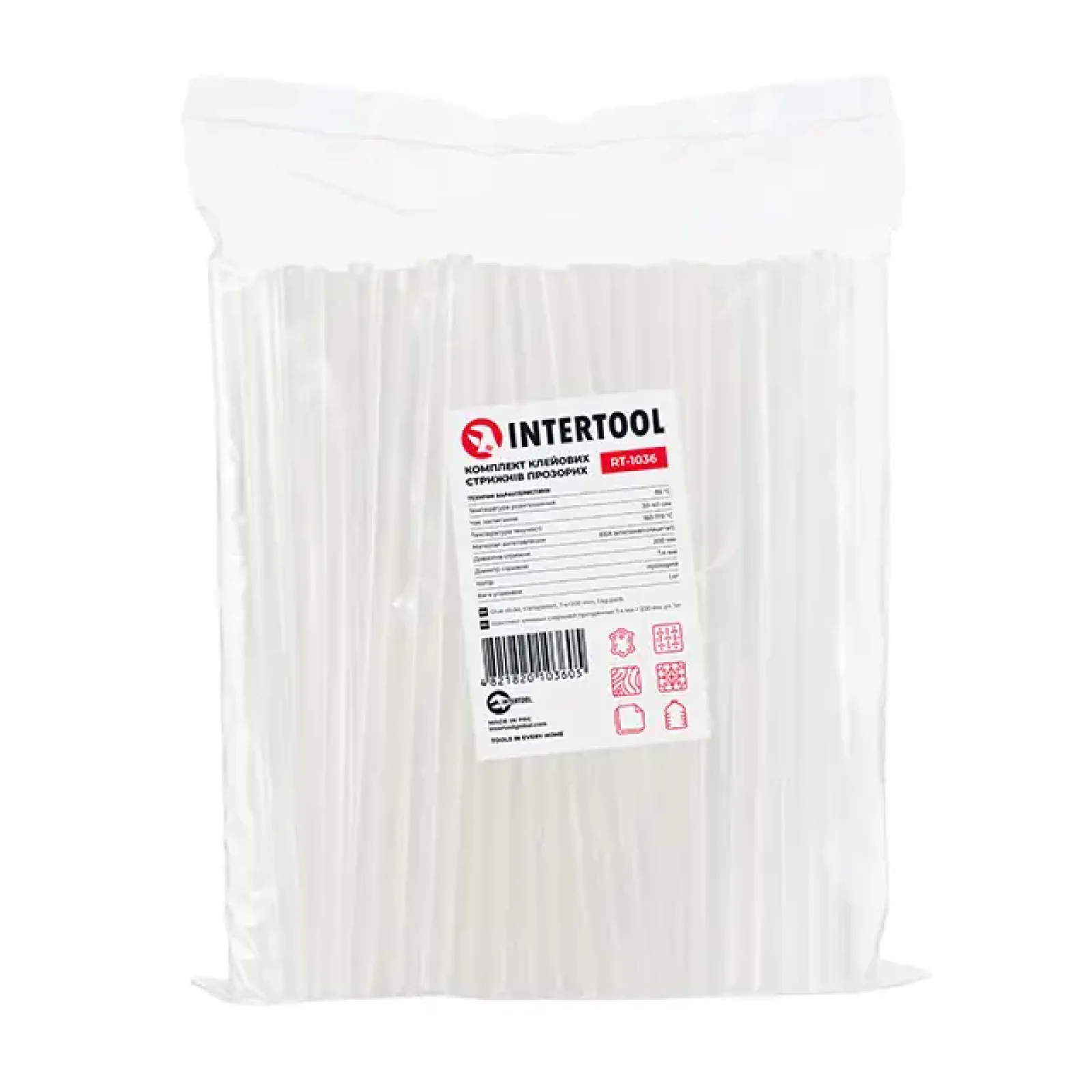 Комплект клейових стрижнів прозорих, 7,4×200 мм, уп. 1 кг INTERTOOL (RT-1036) UA
