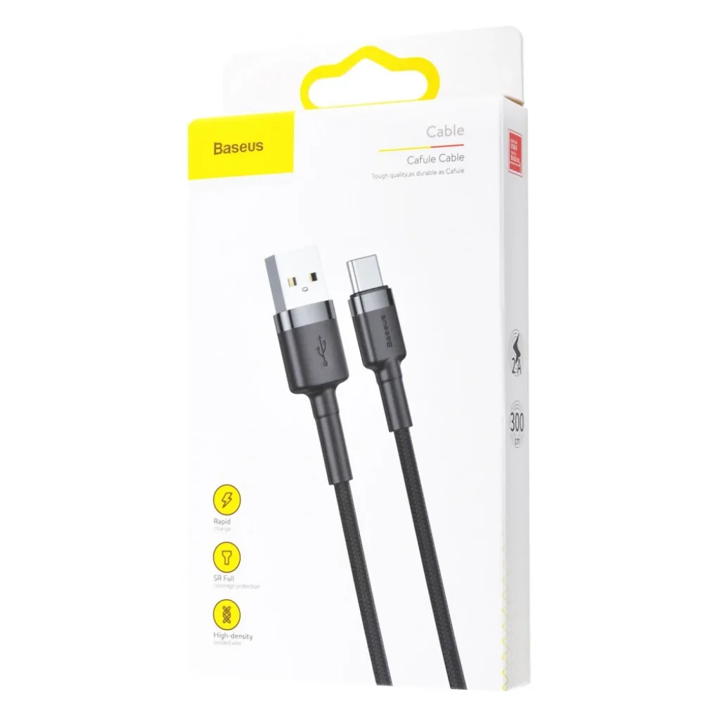 Кабель Baseus Cafule Type-C 2A (3m) Gray/Black, CATKLF-UG1