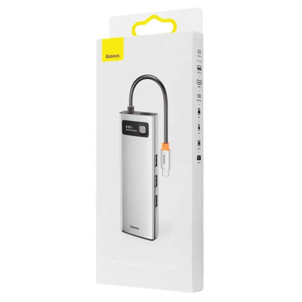 USB-Хаб Baseus Metal Gleam Series 9-in-1 (3xUSB3.0 + 4KHD+ TF + SD + Type-C PD + VGA + RJ45) Gray, CAHUB-CU0G