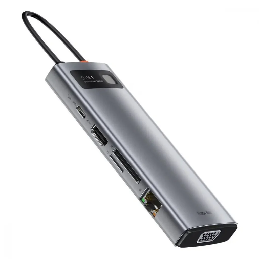 USB-Хаб Baseus Metal Gleam Series 9-in-1 (3xUSB3.0 + 4KHD+ TF + SD + Type-C PD + VGA + RJ45) Gray, CAHUB-CU0G