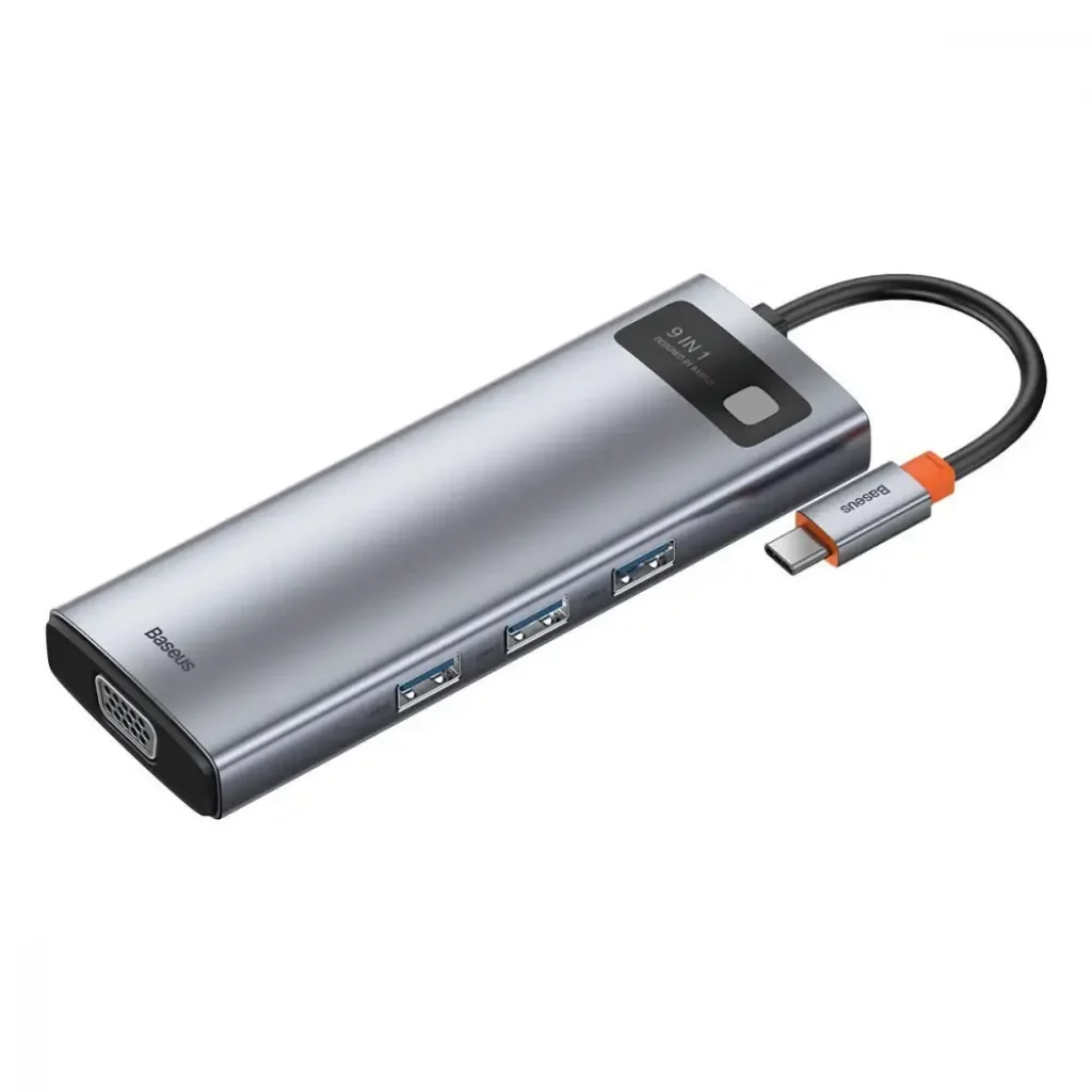USB-Хаб Baseus Metal Gleam Series 9-in-1 (3xUSB3.0 + 4KHD+ TF + SD + Type-C PD + VGA + RJ45) Gray, CAHUB-CU0G