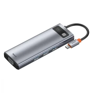 USB-Хаб Baseus Metal Gleam Series 9-in-1 (3xUSB3.0 + 4KHD+ TF + SD + Type-C PD + VGA + RJ45) Gray, CAHUB-CU0G