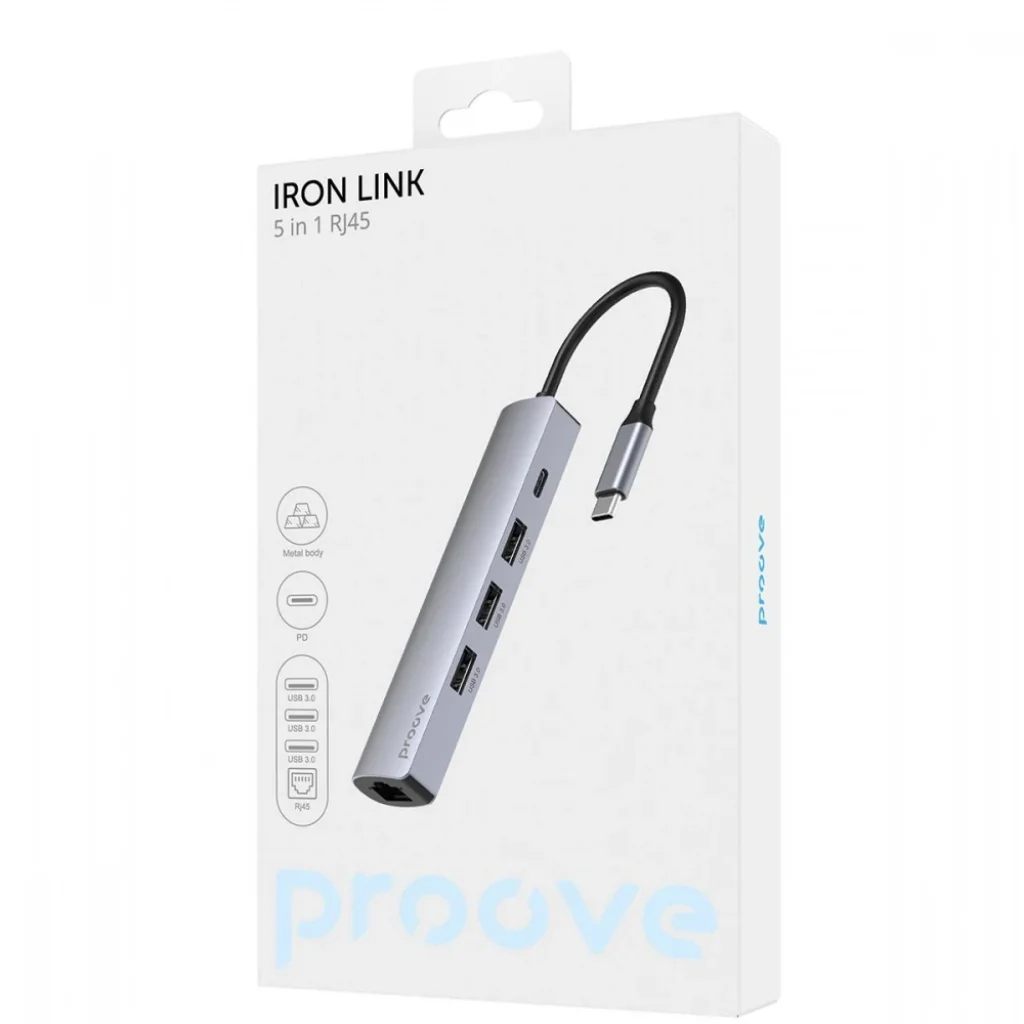 Type-C-Хаб Proove Iron Link 5 in 1 (3*USB3.0 + Tyce C + RJ45) Silver