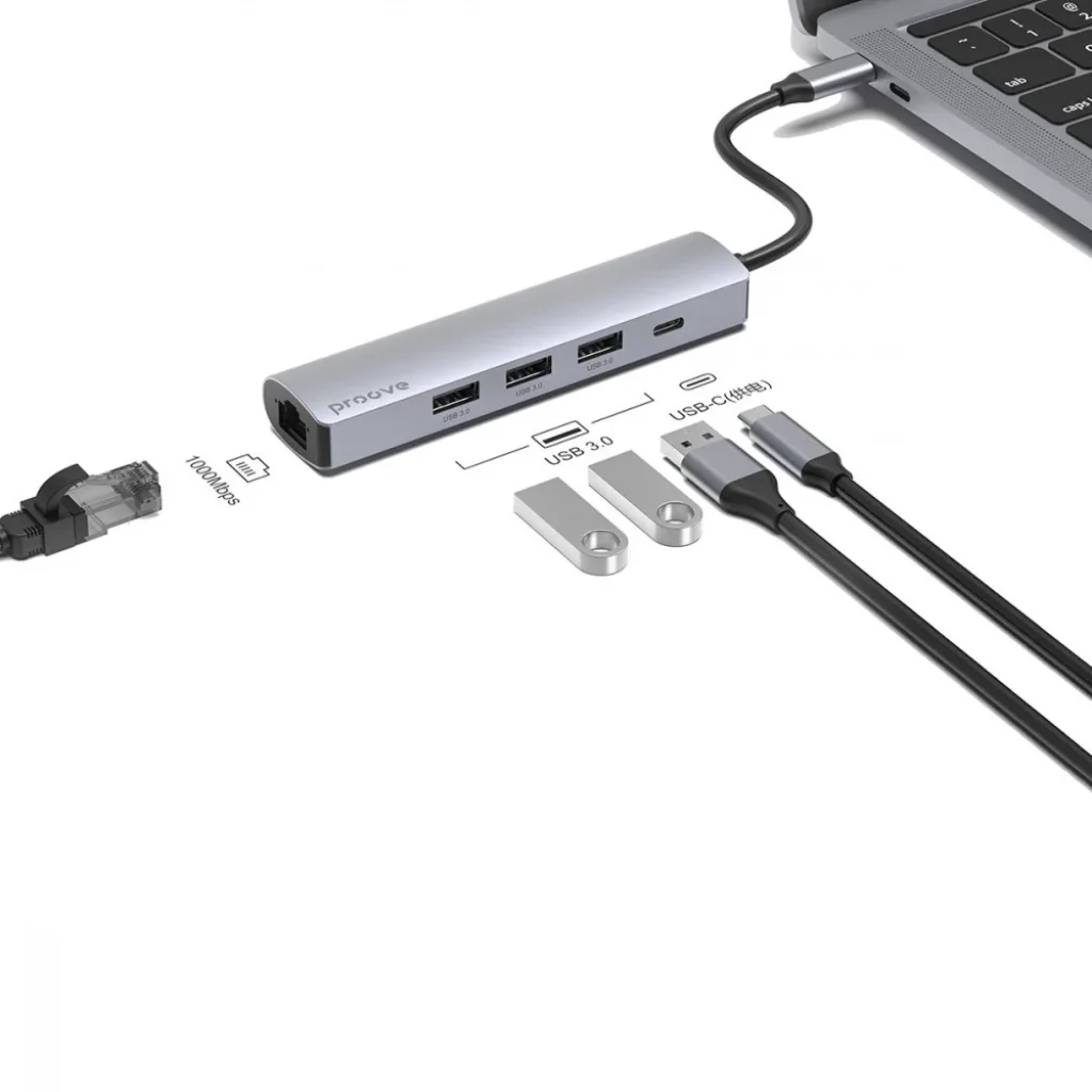 Type-C-Хаб Proove Iron Link 5 in 1 (3*USB3.0 + Tyce C + RJ45) Silver