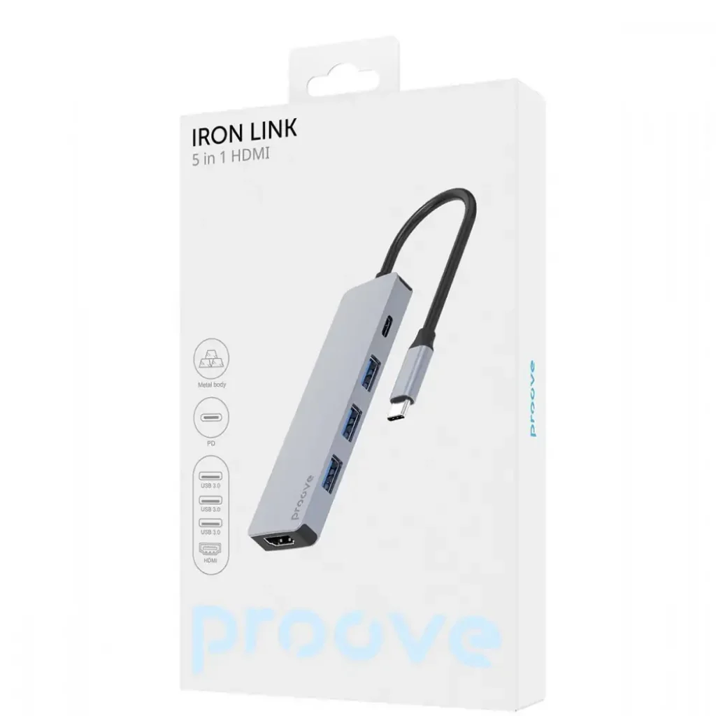 Type-C-Хаб Proove Iron Link 5 in 1 (3*USB3.0 + Tyce C + HDMI) Silver