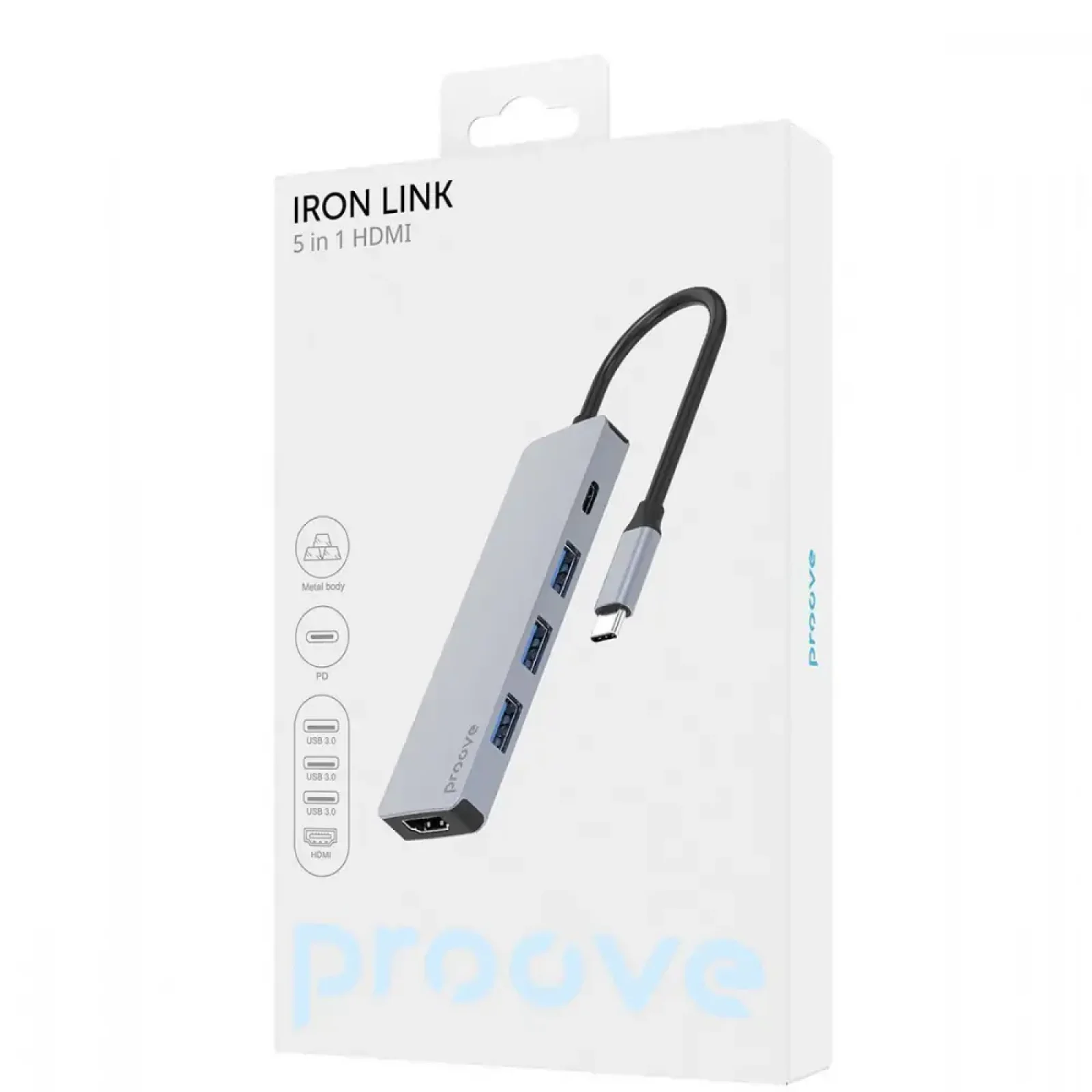 Type-C-Хаб Proove Iron Link 5 in 1 (3*USB3.0 + Tyce C + HDMI) Silver