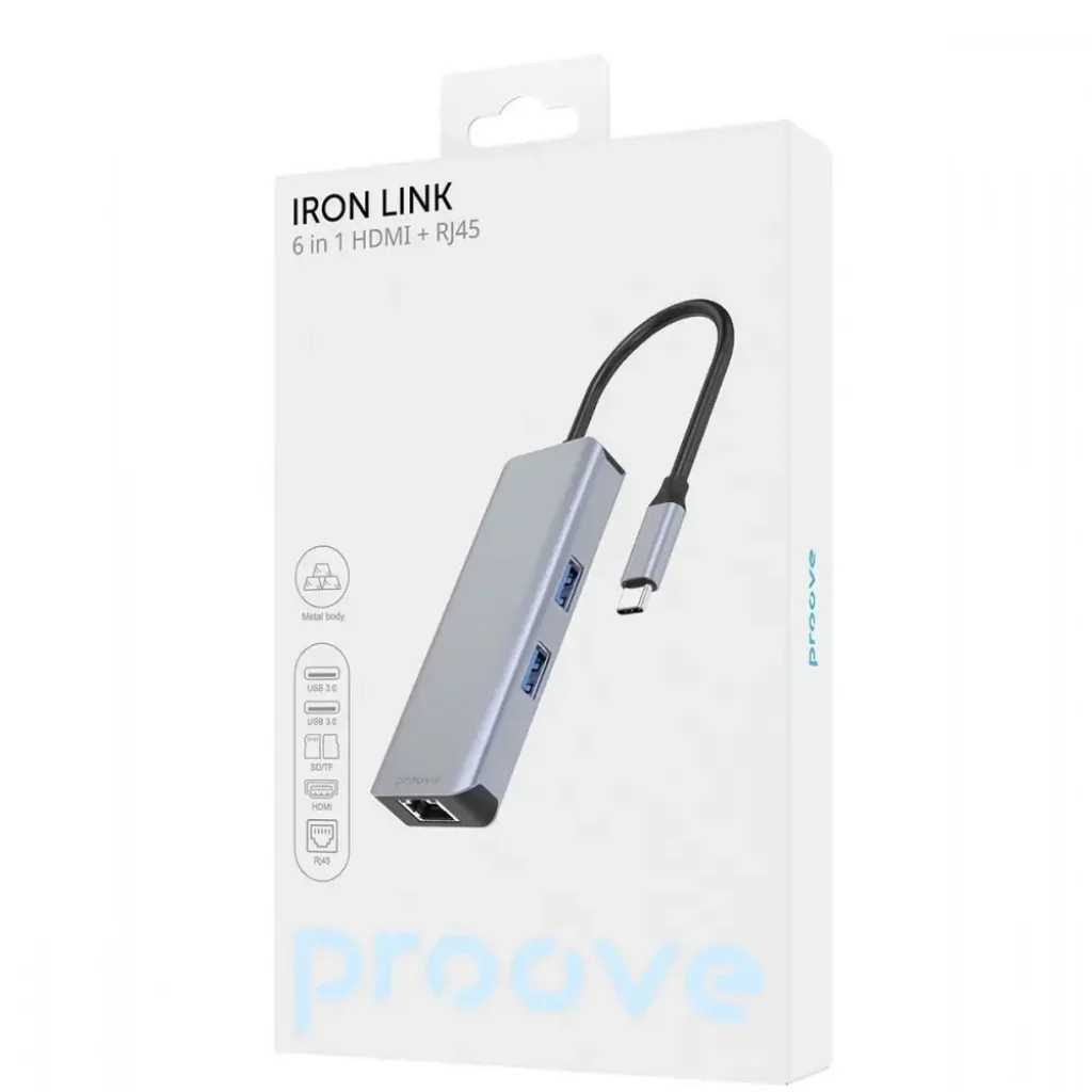 Type-C-Хаб Proove Iron Link 6 in 1 (2*USB3.0 + SD/TF + RJ45 + HDMI) Silver