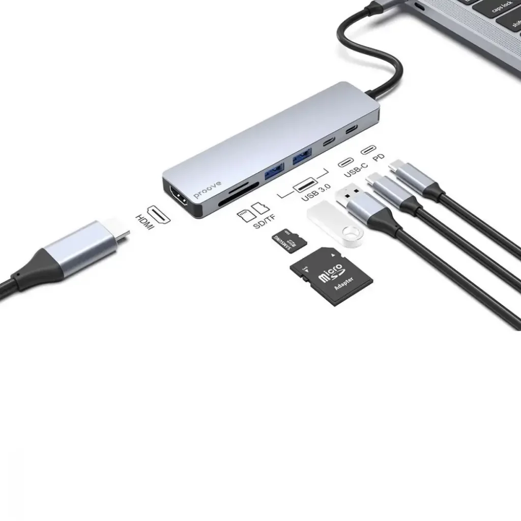 Type-C-Хаб Proove Iron Link 7 in 1 (2*Type-C + 2*USB3.0 + HDMI + SD/TF) Silver, HBIL00222004