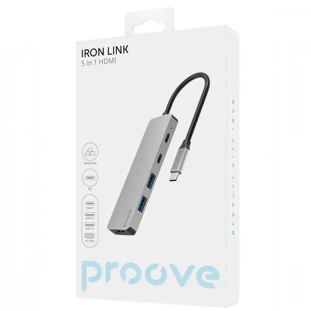 Type-C-Хаб Proove Iron Link 5 in 1 (2*Type-C + 2*USB3.0 + HDMI) silver, HBIL00222024