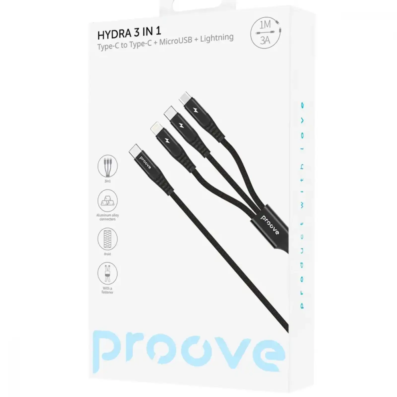 Кабель Proove Hydra 3 in1 Type-C + Micro USB + Lightning (1m) black (602440001)