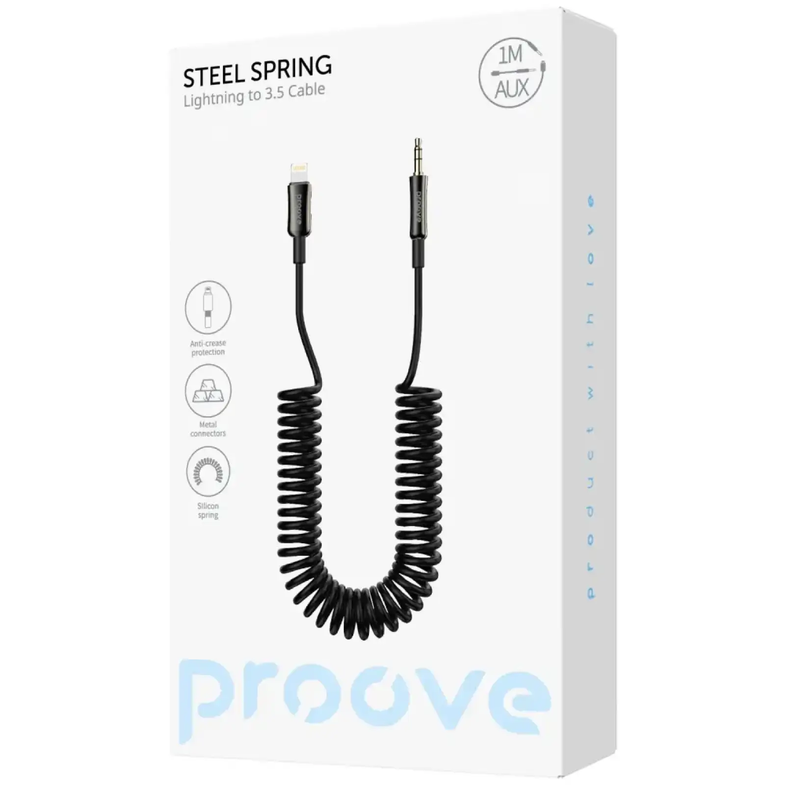 Кабель AUX Proove Steel Spring Lightning to 3.5 (1m) Black