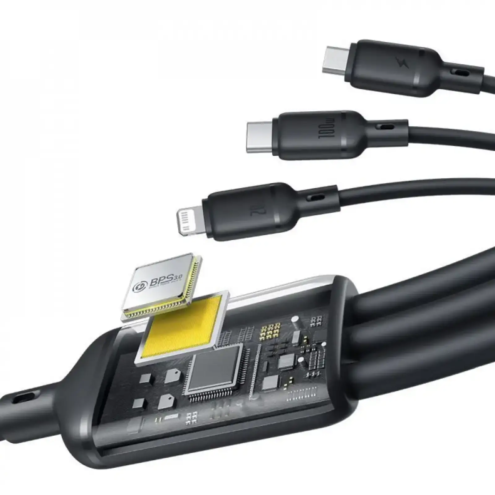 Кабель Baseus Silky One-for-Three Fast Charging Type-C to Micro USB+Lightning+Type-C 100W 1.5m Black