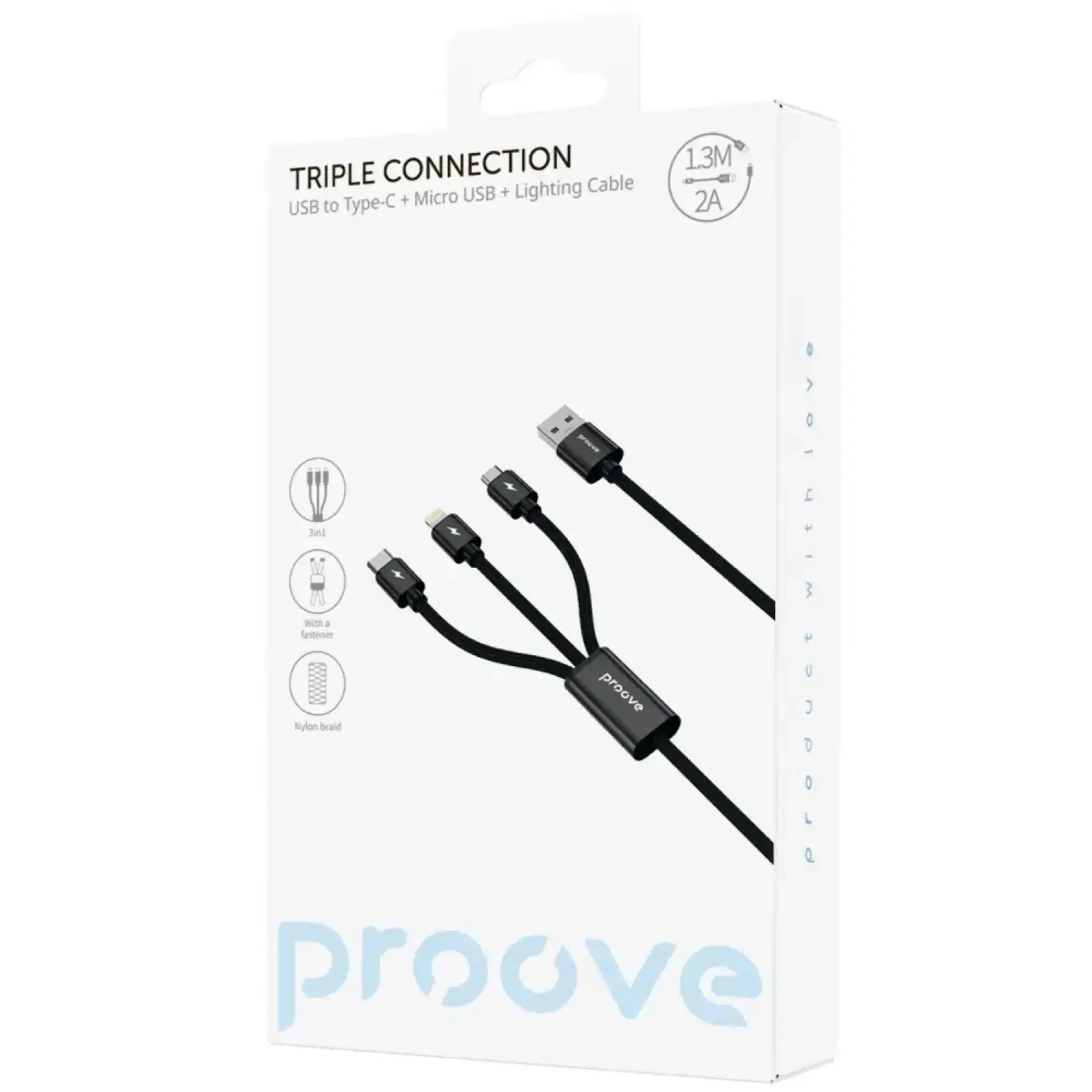 Кабель Proove Triple Connection 3 in 1 Type-C + Micro USB + Lightning (1.3m) Black