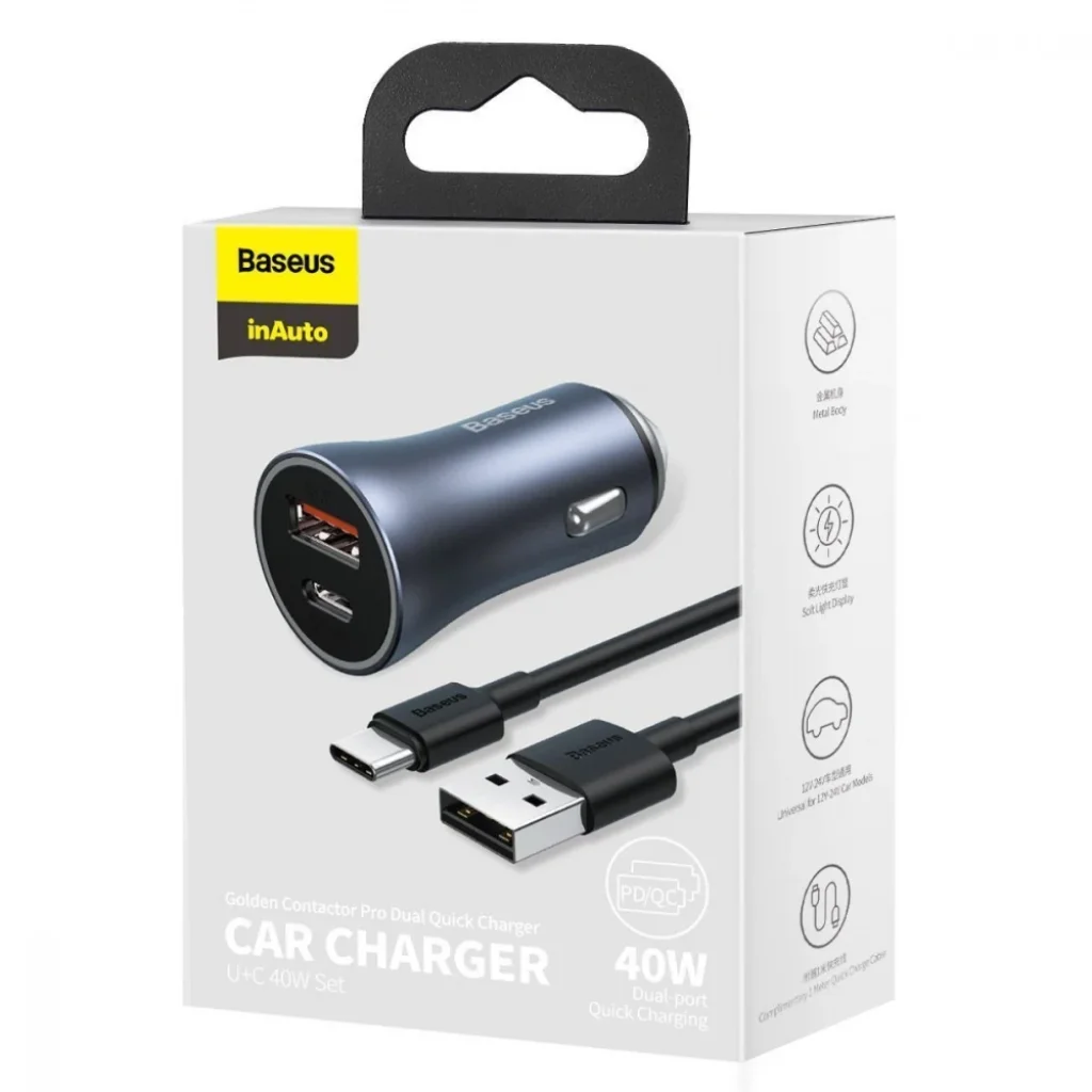 АЗП Baseus Golden Contactor Pro 40W USB + Type-C + Cable Type-C 5A (1m) Dark Gray, TZCCJD-0G
