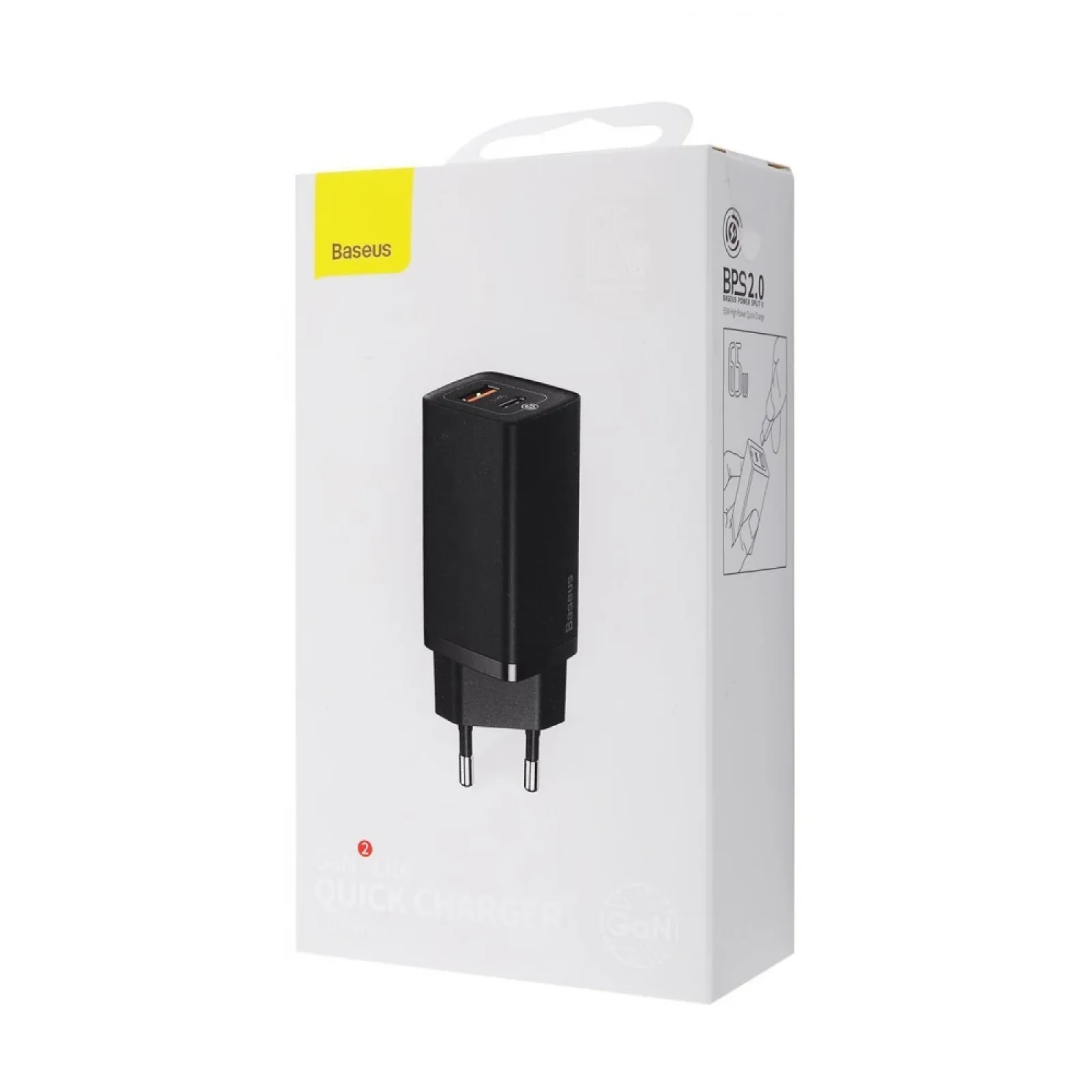 МЗП Baseus GaN2 Lite Quick Charger 65W (1 Type-C + 1 USB) Black, CCGAN2L-B01