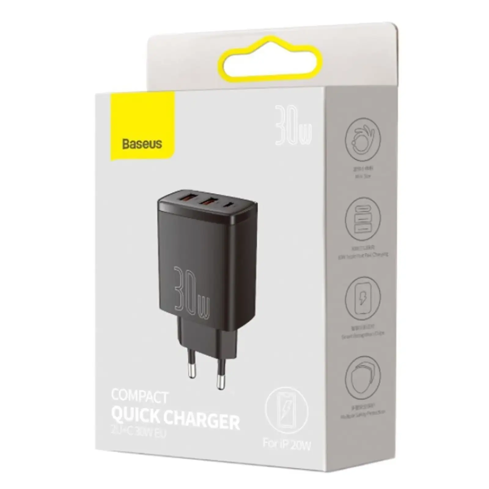 МЗП Baseus Compact Quick Charger 30W QC+ PD (1Type-C + 2USB) White, CCXJ-E02