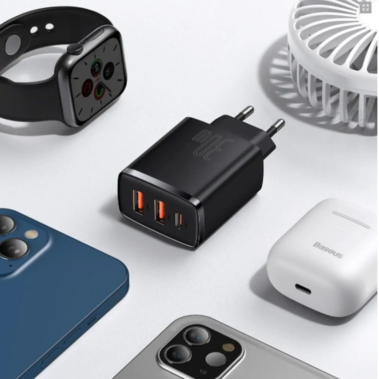 МЗП Baseus Compact Quick Charger 30W QC+ PD (1Type-C + 2USB) White, CCXJ-E02