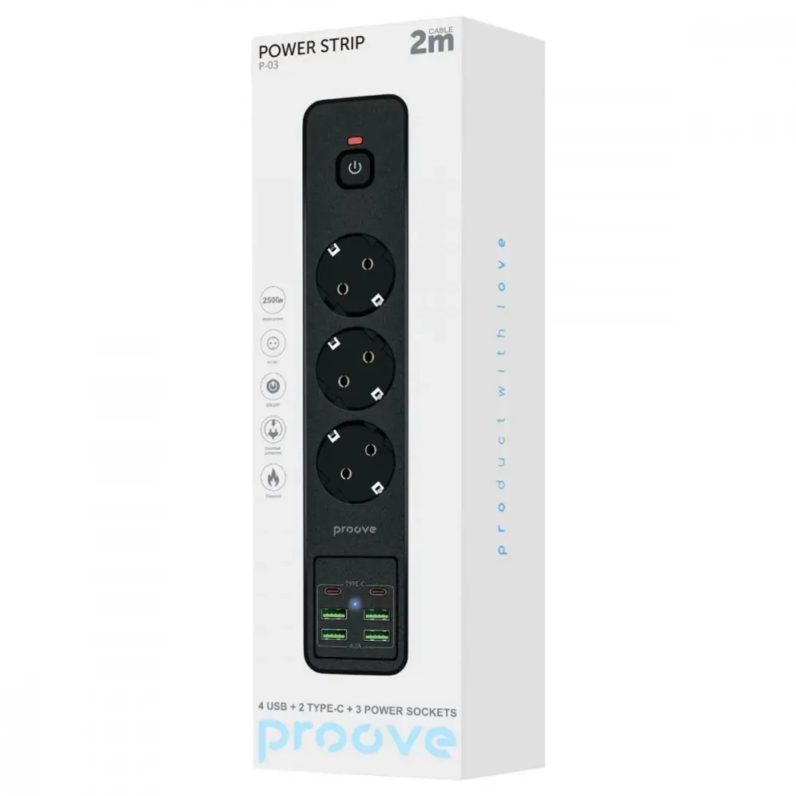 Сетевой фильтр Proove Power Strip P-03 (3 розетки + 4 USB + 2 Type-C) 2М Black (PSP342420001)