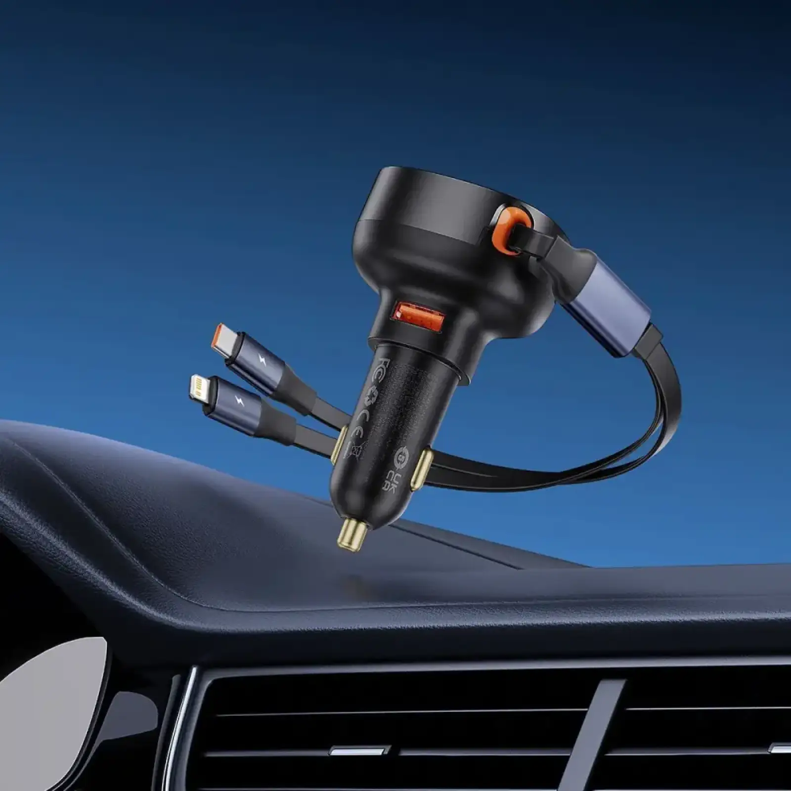 АЗП Baseus Enjoyment Pro 60W (USB) + Retractable Type-C+Lightning Cables Black