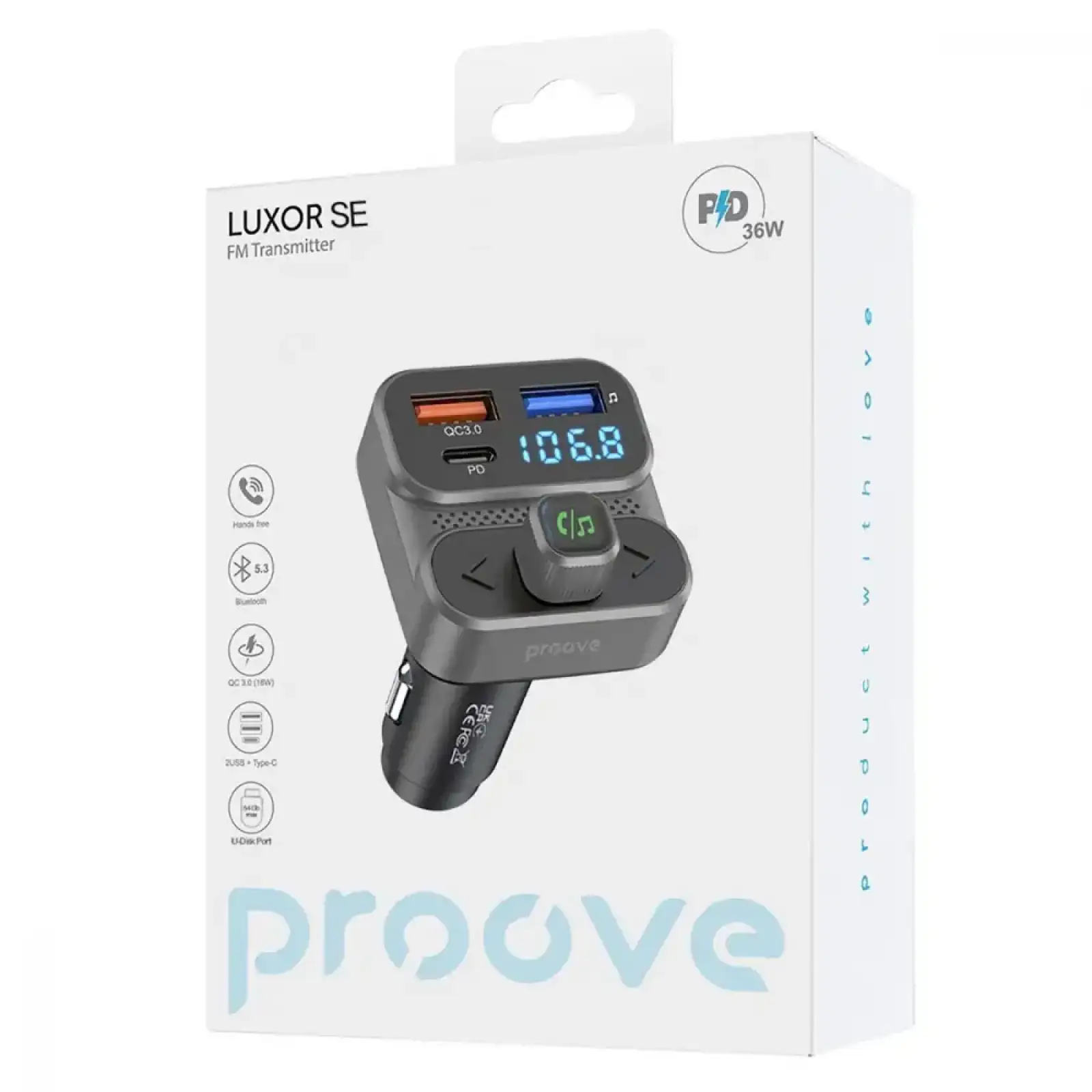 АЗП Proove FM Launcher Luxor SE 36W (PD+QC3.0) Type-C+USB Gray, FMLX20120003