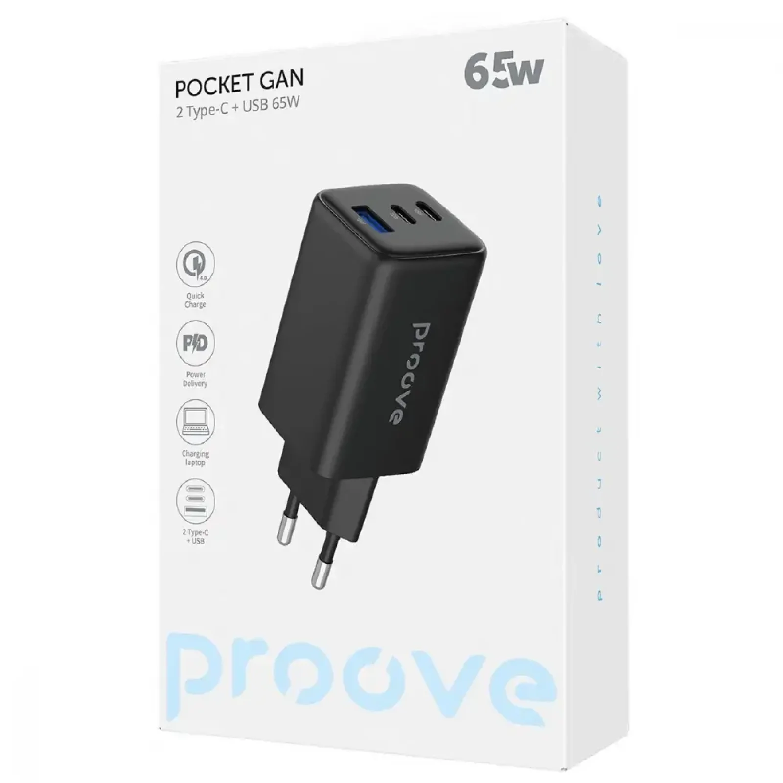МЗП Proove Pocket GaN 65W (2Type-C + USB) Black, WCPG65121201