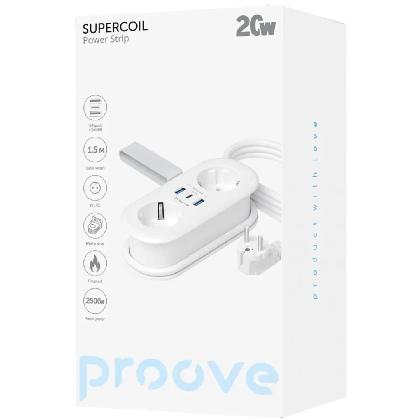 Сетевой фильтр Proove Supercoil 20W (2xAC + Type-C + 2xSB) 1.5m White (PSPS25002102)