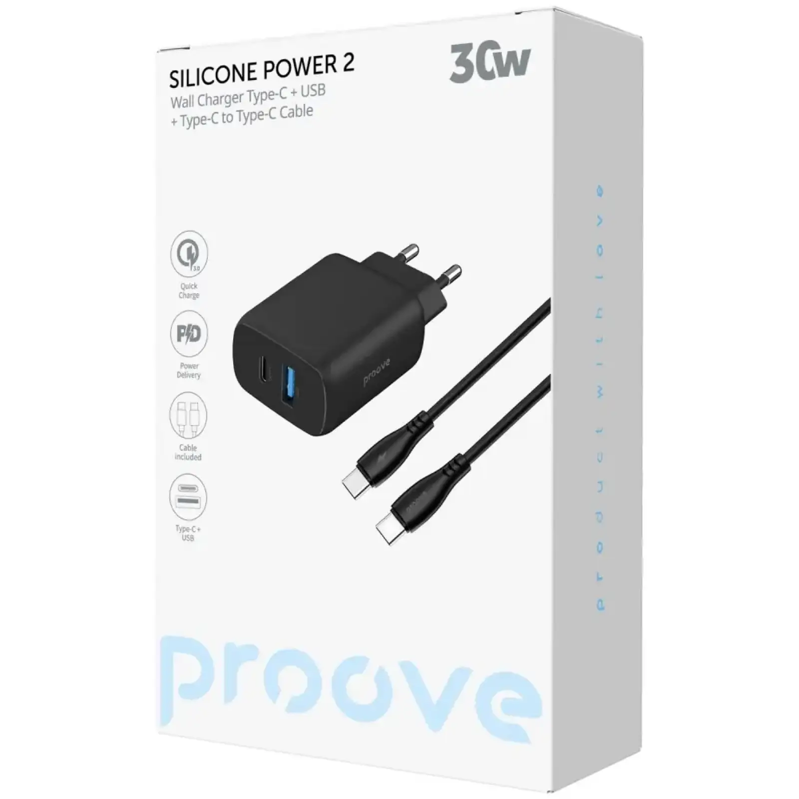 МЗП Proove Silicone Power 2 30W (Type-C + USB) + Cable Type-C to Type-C (1m) Black