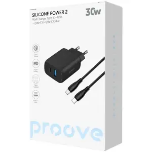 МЗП Proove Silicone Power 2 30W (Type-C + USB) + Cable Type-C to Type-C (1m) Black