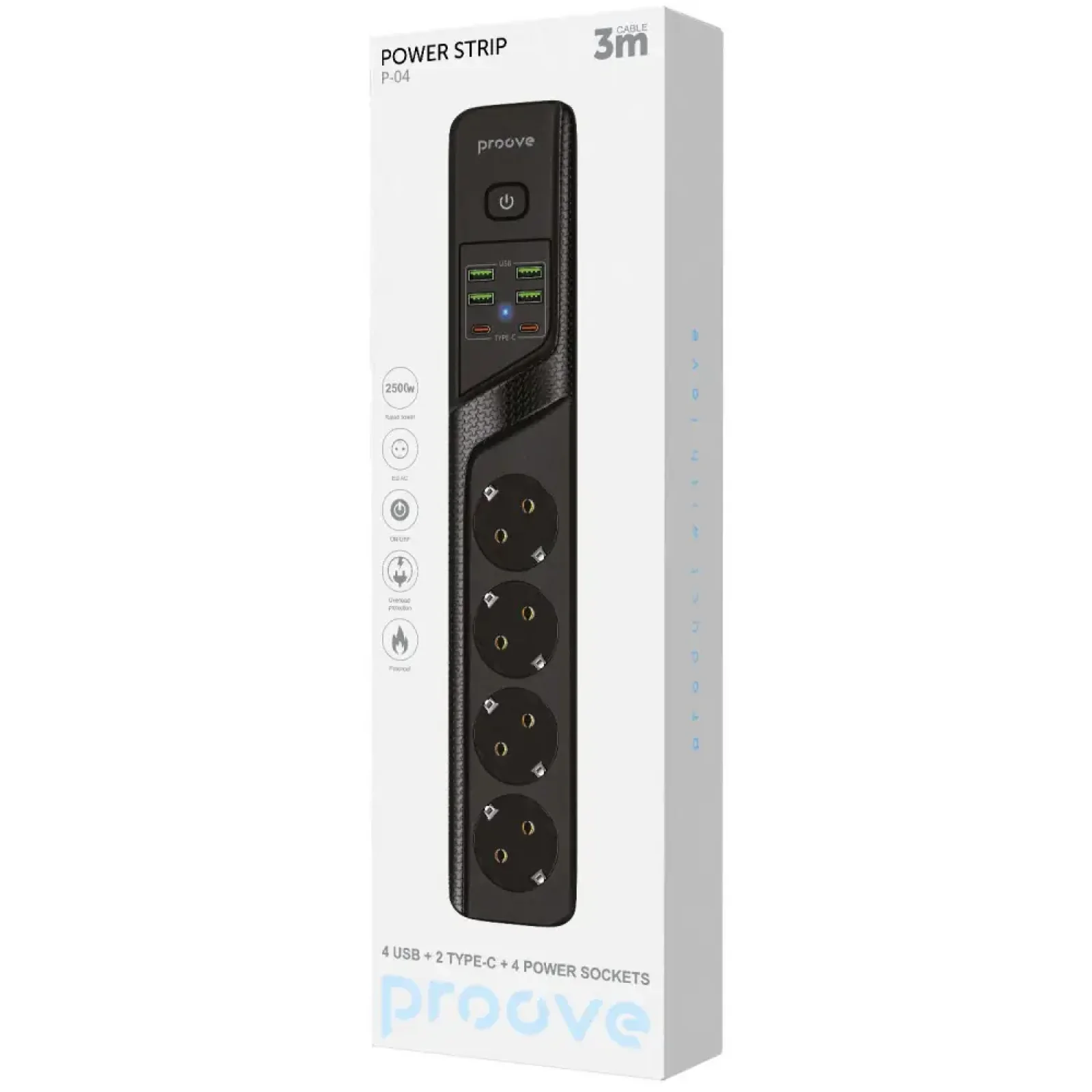 Сетевой фильтр Proove Power Strip P-04 (4 розетки + 4 USB + 2 Type-C) 3М Black (PSP442430001)
