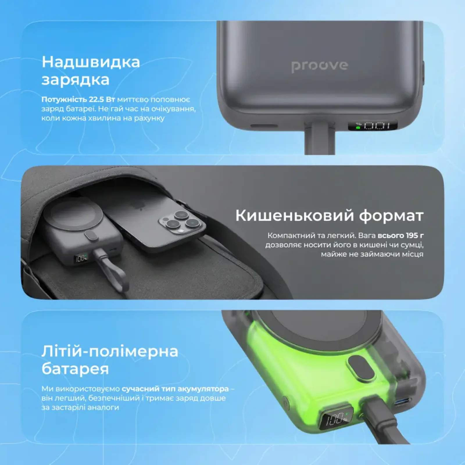Зовнішній акумулятор Proove Neutron 22.5W 10000mAh Gray (PBNE22022203)