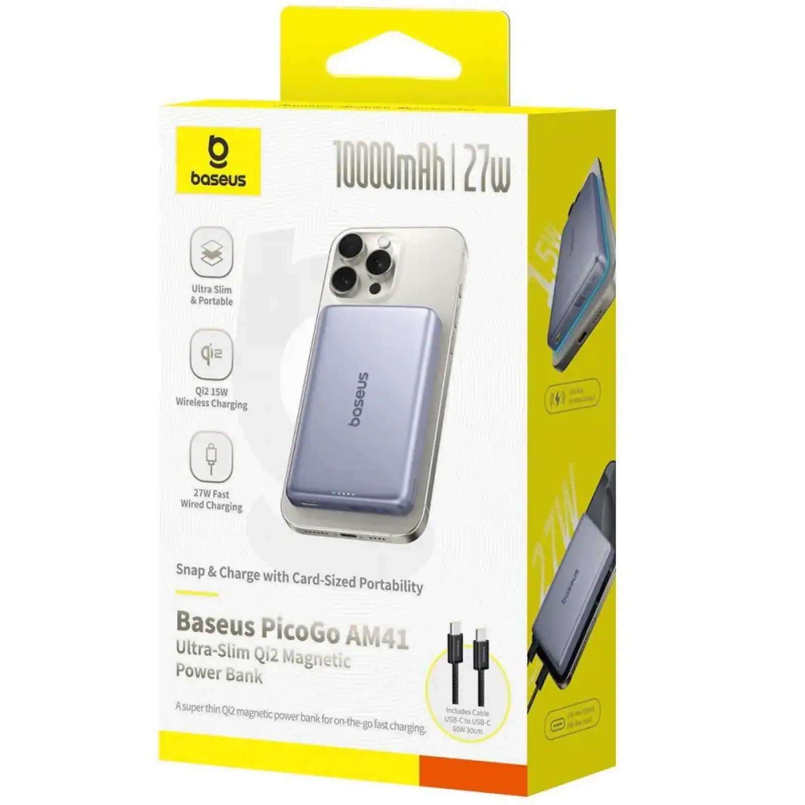 Внешний аккумулятор Baseus PicoGo Ultra-Slim AM41 Qi2 27W 10000mAh Pink