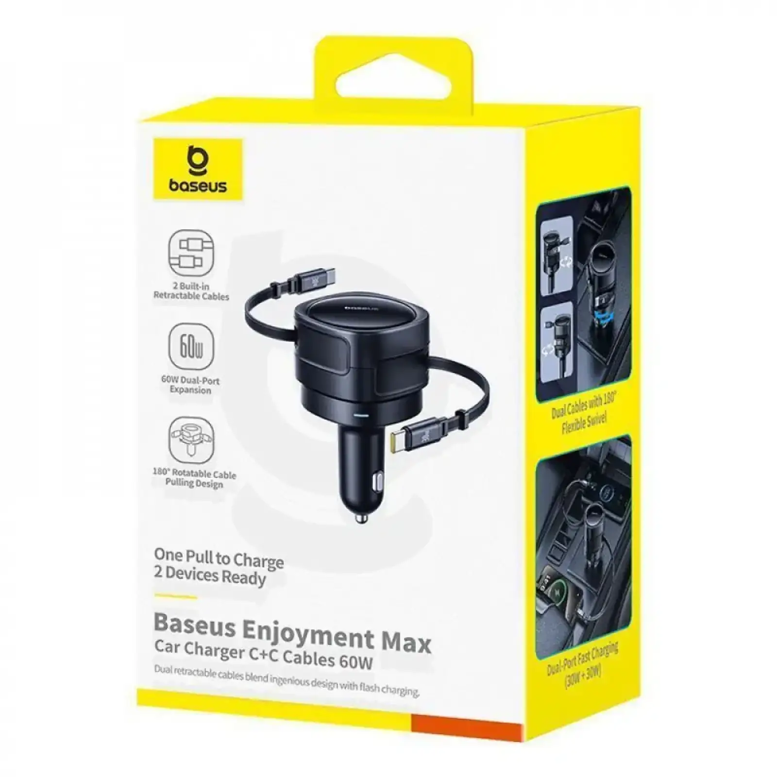 АЗП Baseus Enjoyment Max 60W (Retractable 2xType-C Cables) Black