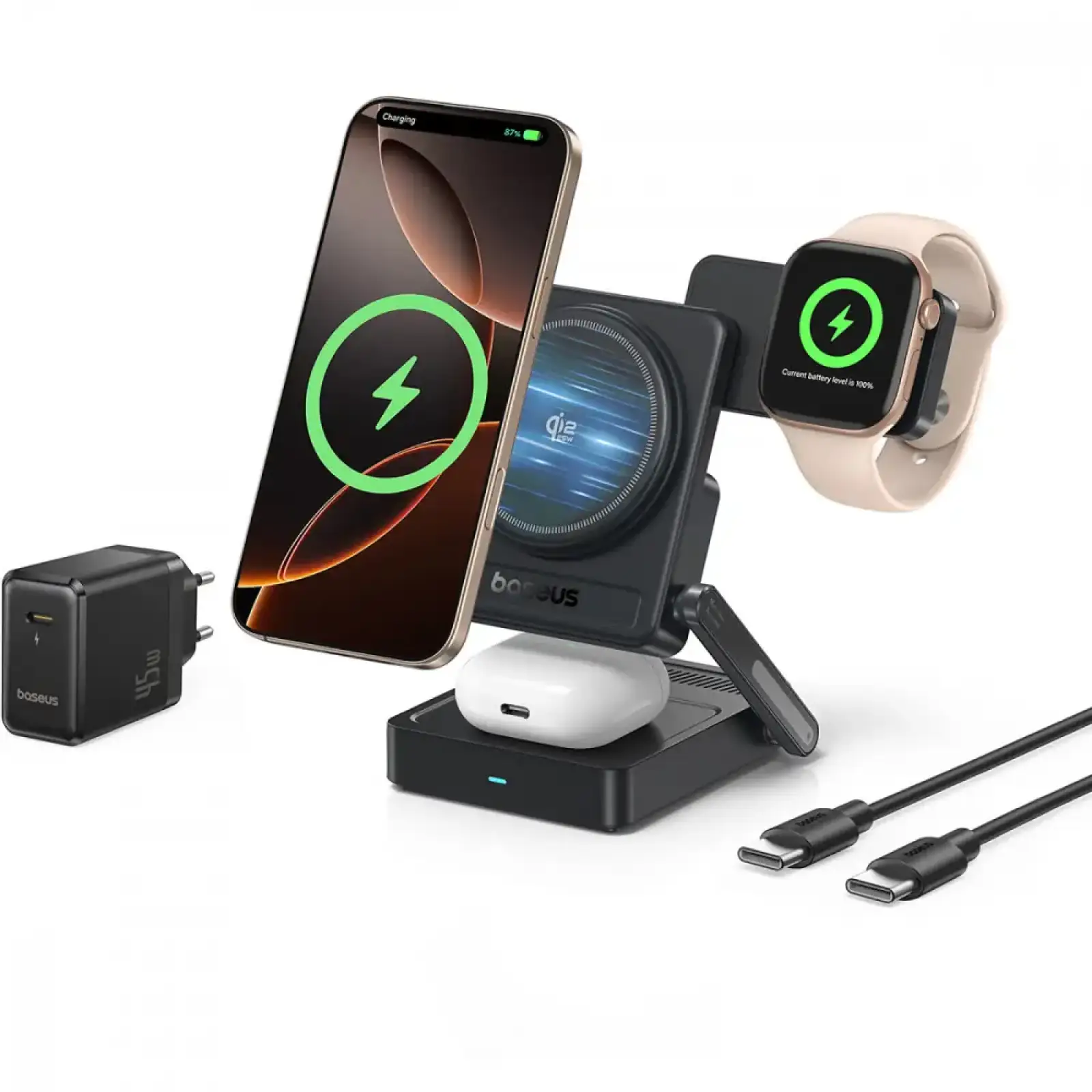 Беспроводное ЗУ Baseus PicoGo AF21 3-in-1 Qi2.2 35W (With cable Type-C to Type-C 1m + Power Adapter 45W) Black