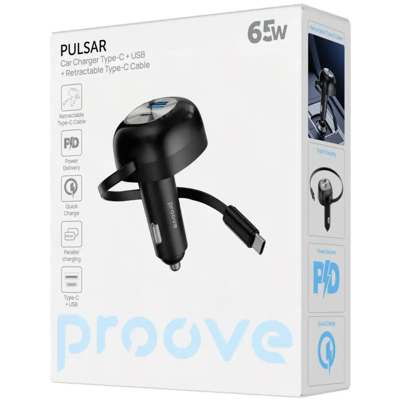 АЗП Proove Pulsar 65W (Type-C + USB) + Retractable Type-C Cable Black (CCPR65110001)