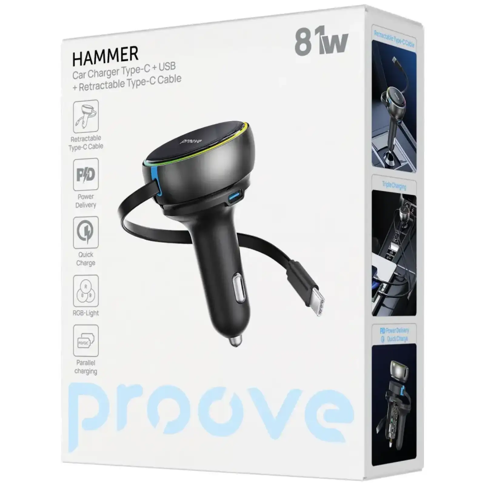 АЗУ Proove Hammer 81W (Type-C + USB) + Retractable Type-C Cable Black