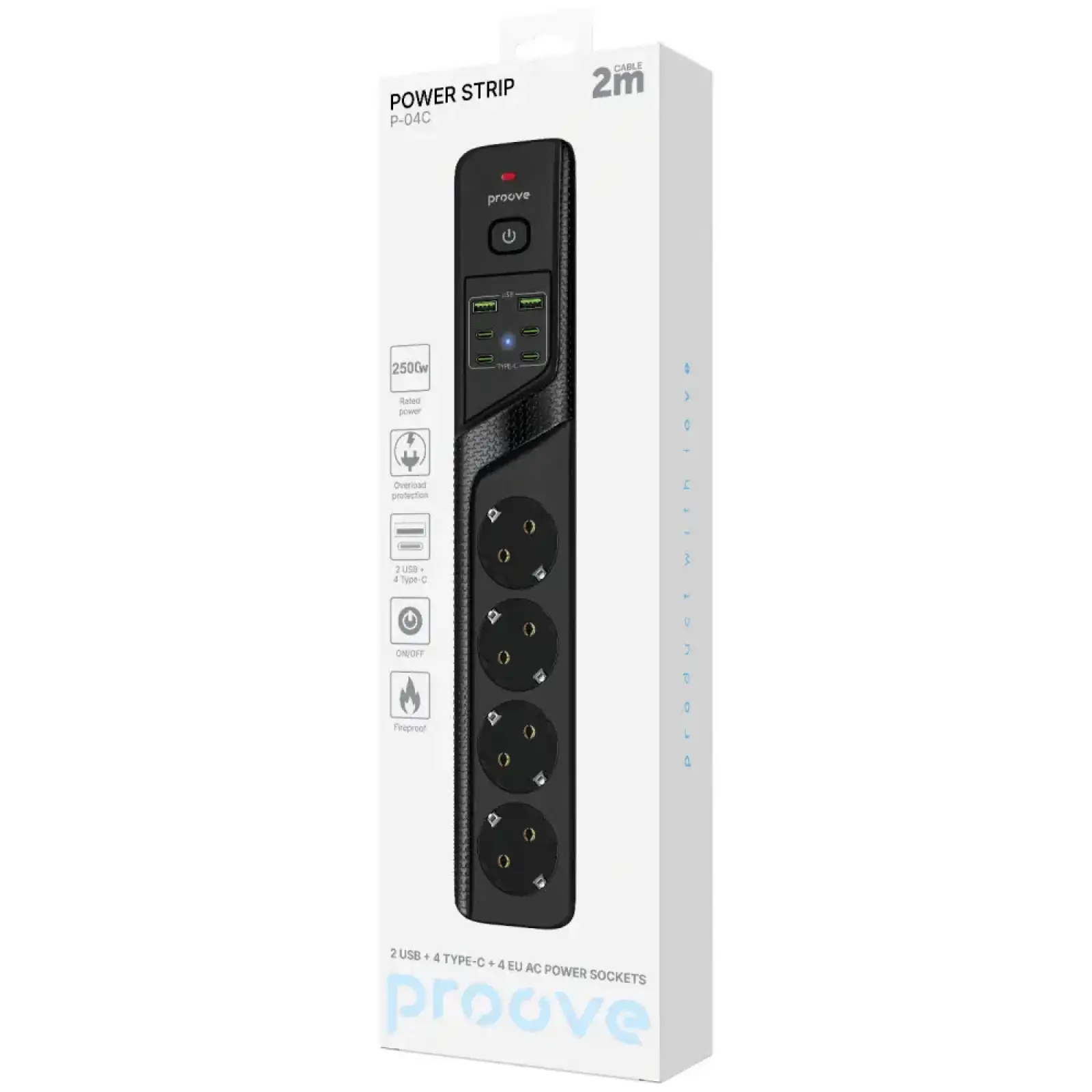 Сетевой фильтр Proove Power Strip P-04C (4 розетки + 2 USB + 4 Type-C) 2М Black