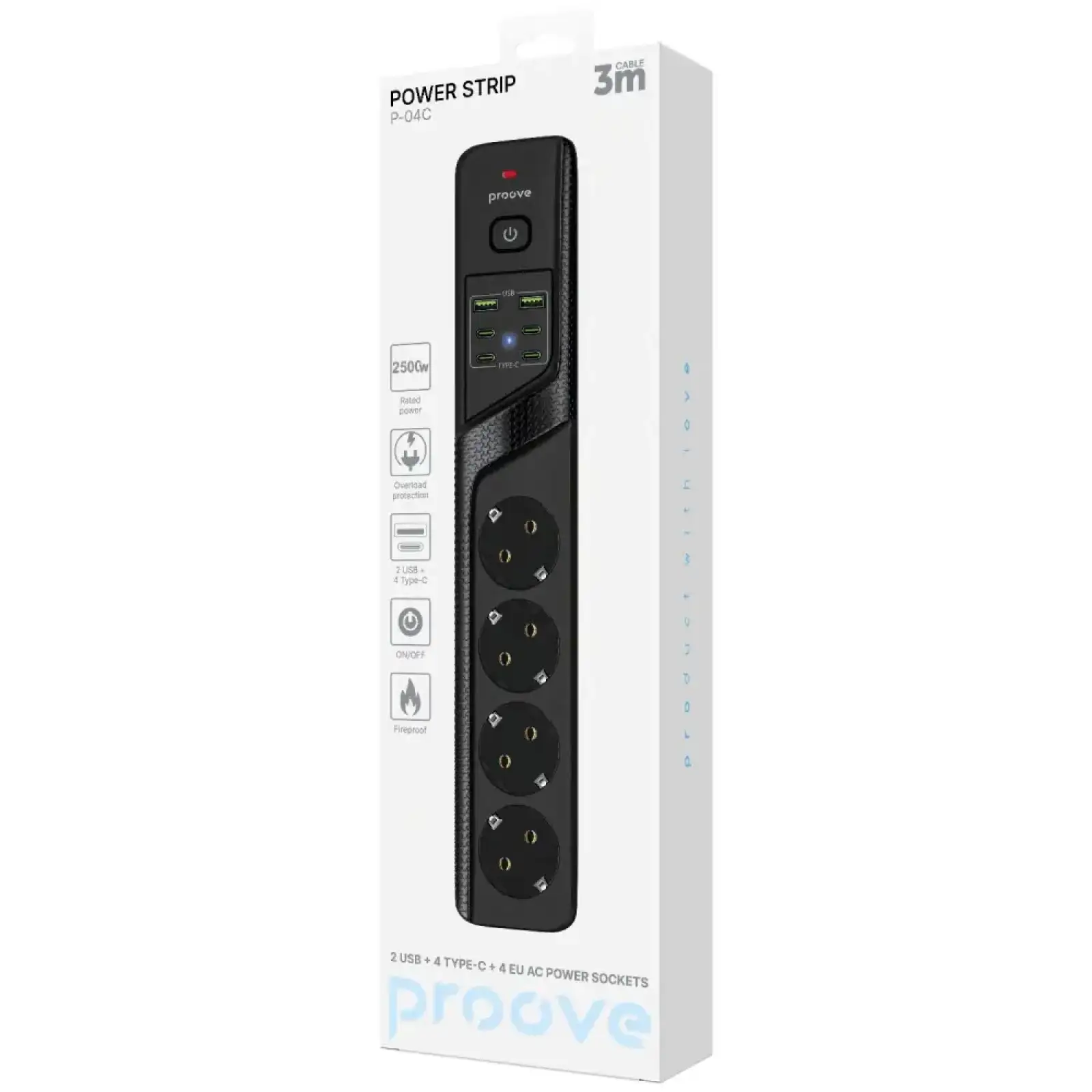 Сетевой фильтр Proove Power Strip P-04C (4 розетки + 2 USB + 4 Type-C) 3М Black