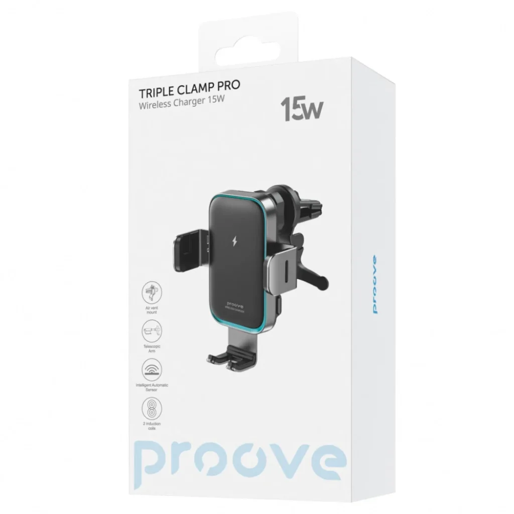 Тримач в машину з бездротовим ЗП Proove Triple Clamp Pro 15W Metal Gray WHTP15010001