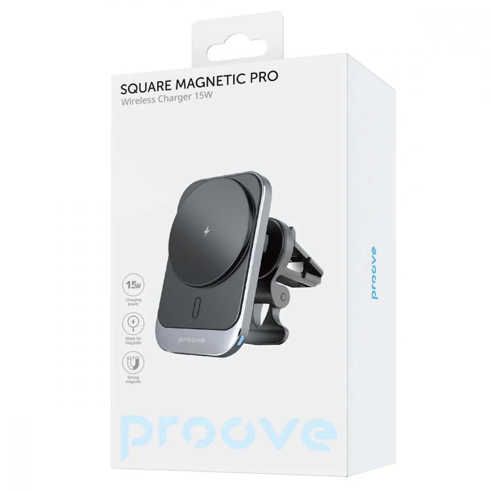 Тримач в машину з бездротовим ЗП Proove Square Magnetic PRO 15W metal gray