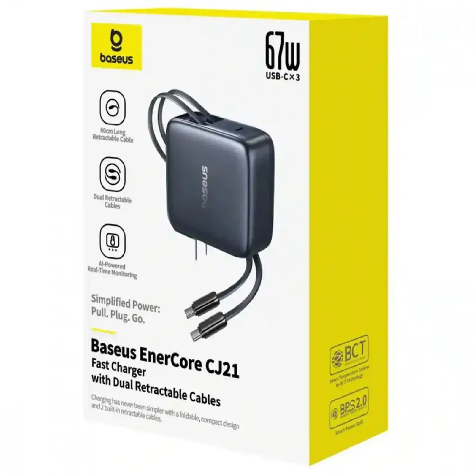 СЗУ Baseus EnerCore CJ21 Fast Charger with Dual Retractable Cables 67W (3 Type-C) Black