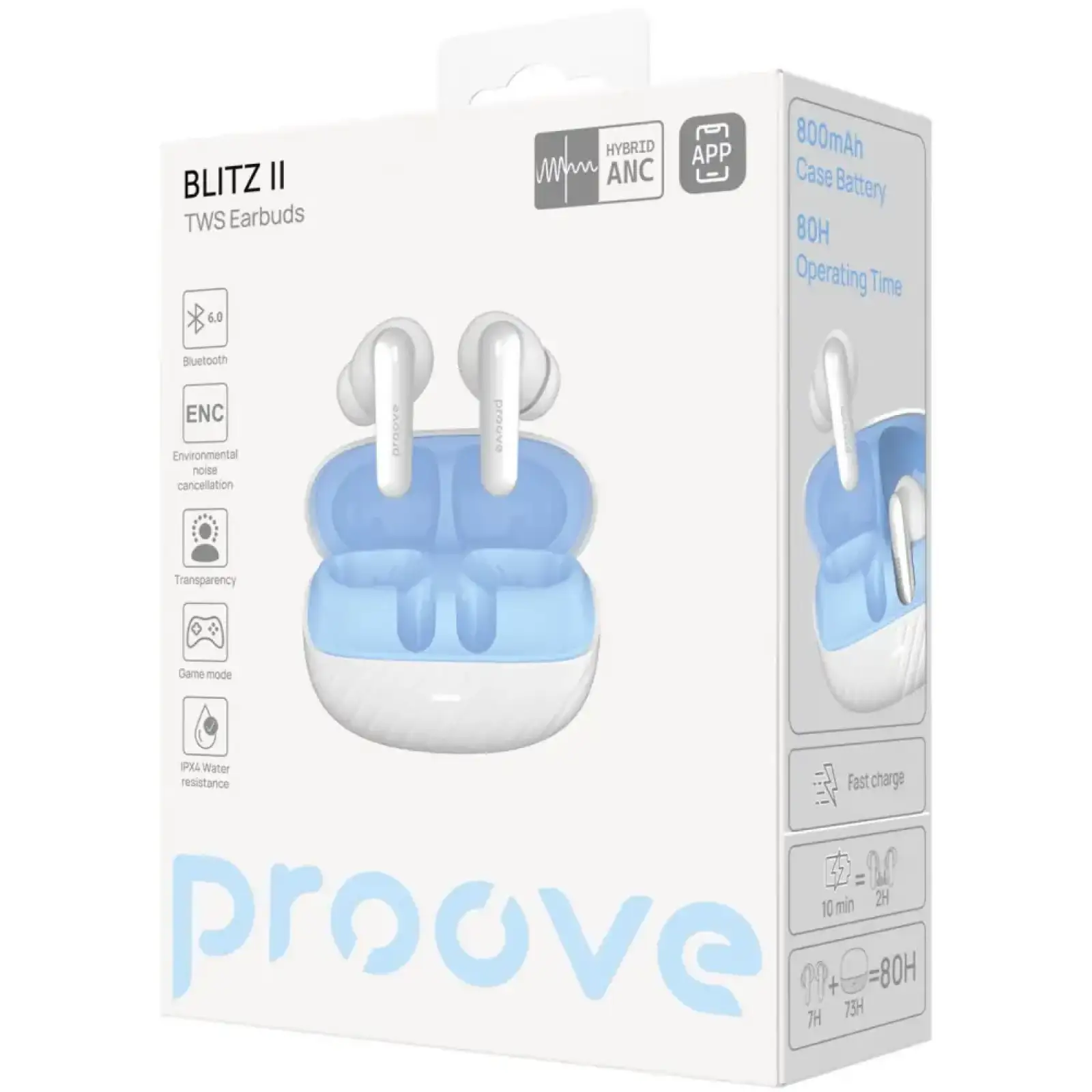Беспроводные наушники Proove Blitz II TWS with Hybrid ANC (APP) White/Blue (TWBL2001AP21)