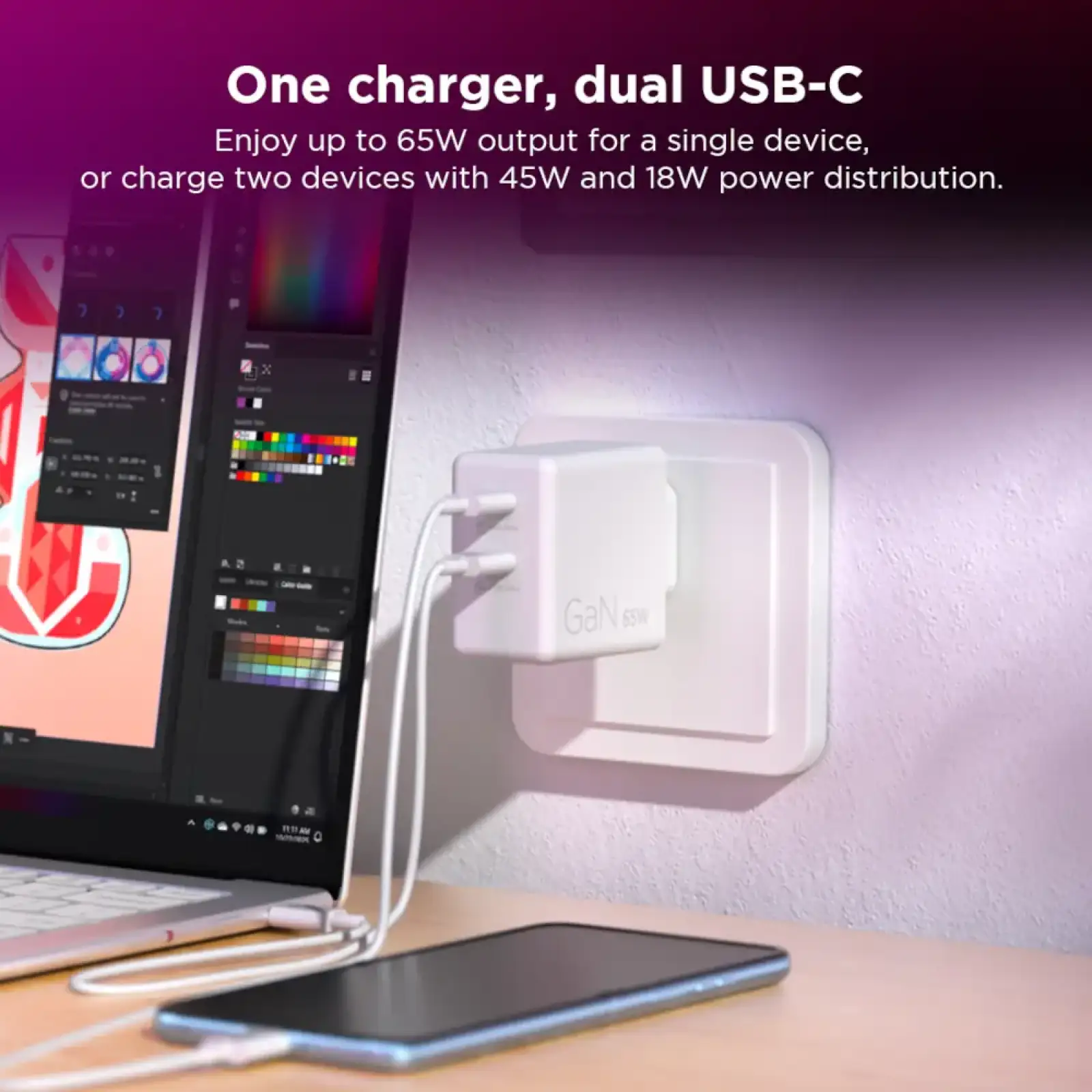 Адаптер живлення Lenovo Dual USB-C 65W GaN Charger White G0A6065WEU UA