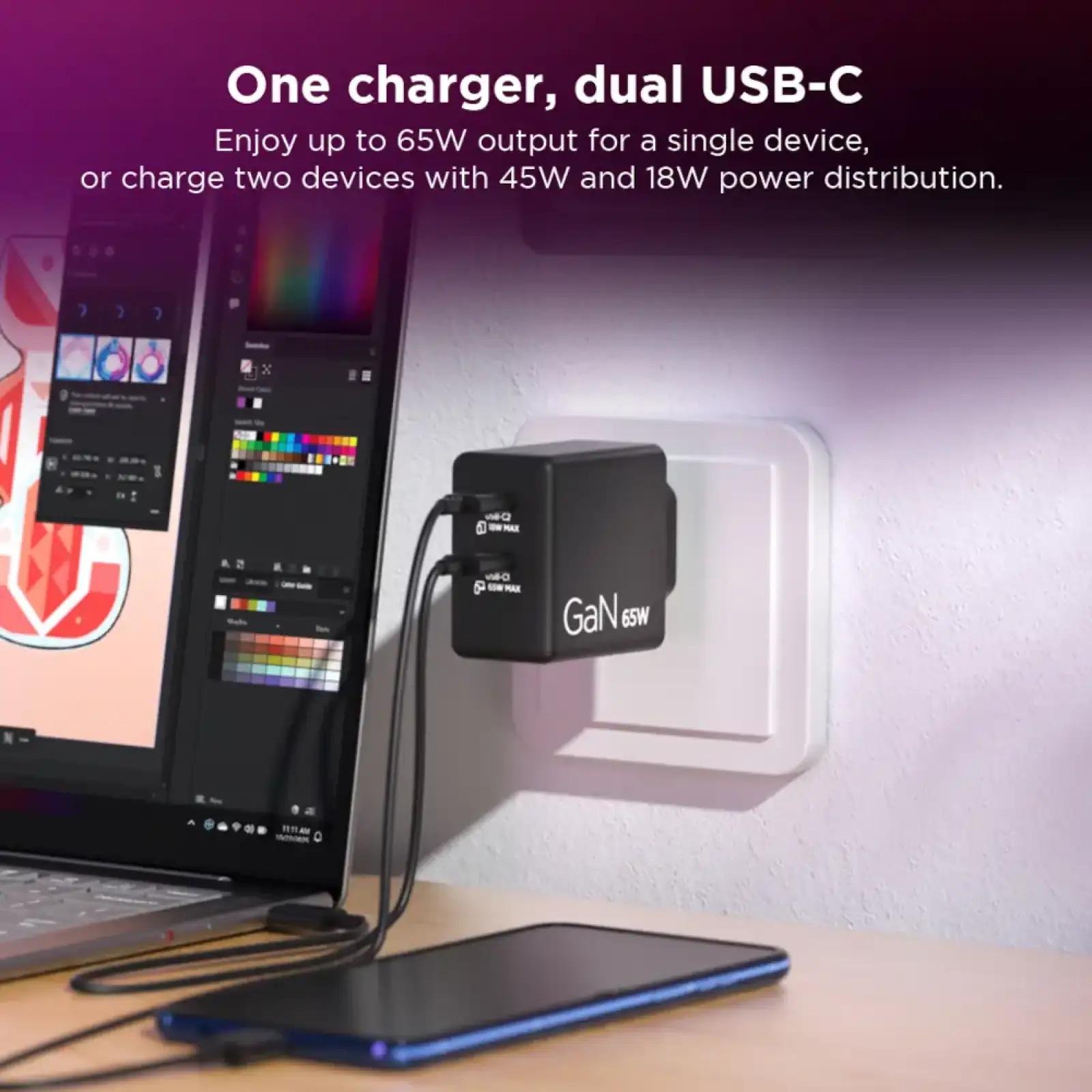 Адаптер живлення Lenovo Dual USB-C 65W GaN Charger 40AW065BEU UA